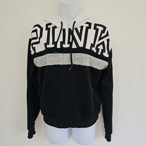 Victoria's Secret PINK Black White Fleece Lined Hoodie Sweatshirt Small Logo